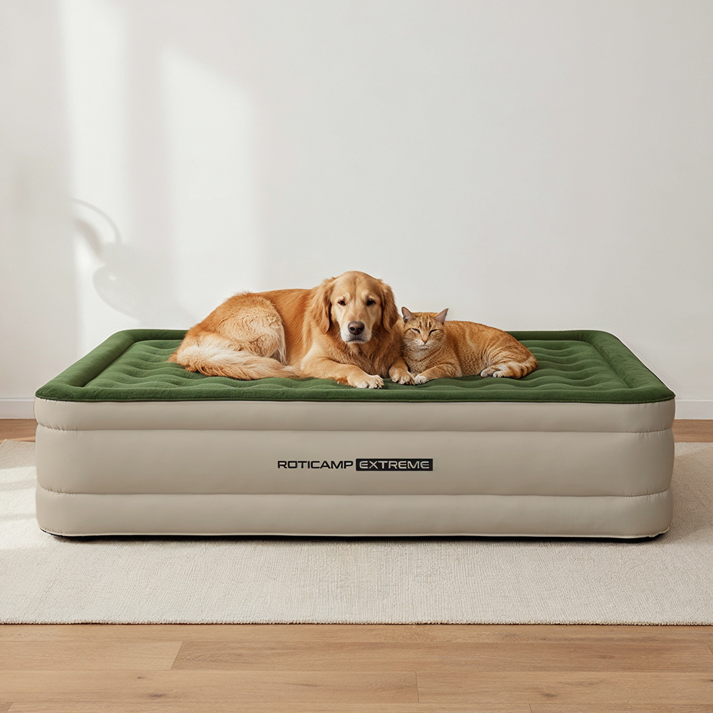 로티캠프 에어 매트 자충 캠핑 침대 매트리스 텐트 휴대용 46cm 퀸, 카키