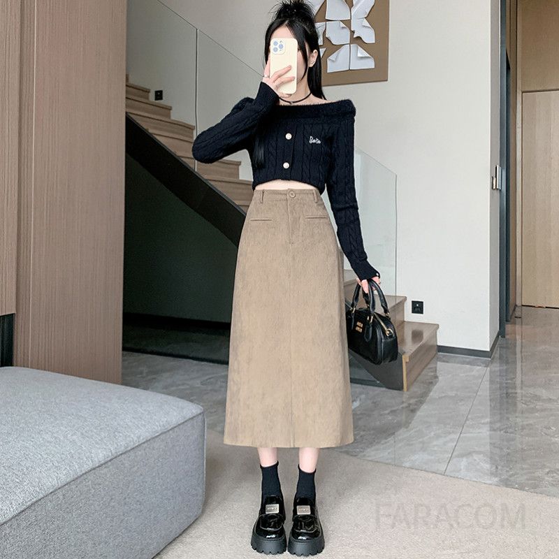 여성 커피 코듀로이 A라인 미디 스커트 가을 정장 스타일 슬림핏 편안한 착용감 데일리룩 오피스룩 활용 가능한 - 상세 이미지 3