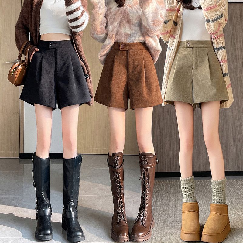 여성 코듀로이 겨울반바지 따뜻한 착용감 캐주얼 아우터로 입기 좋은 여성용 팬츠 하이웨이스트 스타일 가을 겨울 데일리룩 쁘띠 핫티 - 상품 이미지