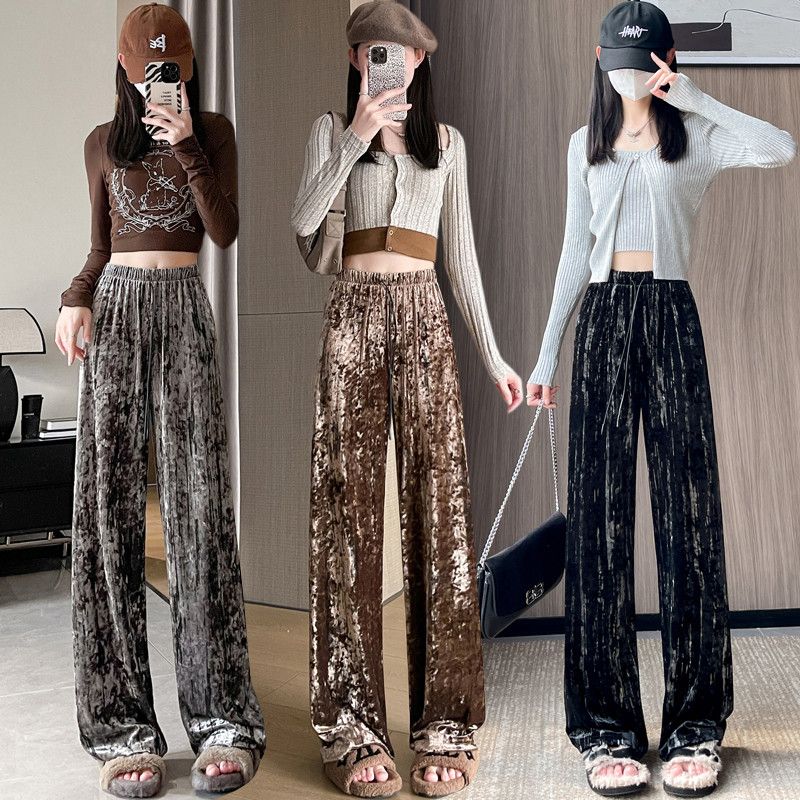 여성 하이웨스트 기모 와이드팬츠 겨울용 블랙 캐주얼 슬림핏 따뜻한 착용감 편안한 외출룩 드레이프 디자인 스타일리시한 선택 - 상품 이미지