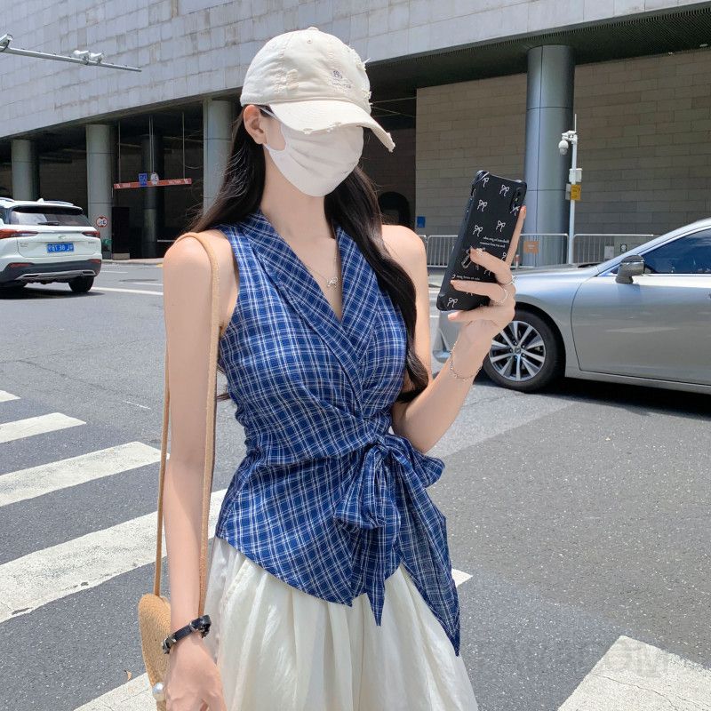 여름 여성 슬림핏 브이넥 나시 플레드 조끼 스타일리시한 민소매 이너웨어 시원한 착용감 데일리 탱크탑 - 상세 이미지 2