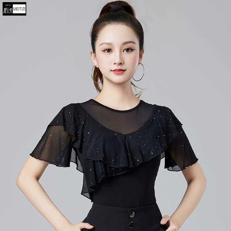 라인댄스복 상의 반팔 공연복 댄스티 밸리복 방송댄스 큐빅 화려한 슬림핏 셔링 댄스복상의 블랙 일반 상의 S - 상세 이미지 2