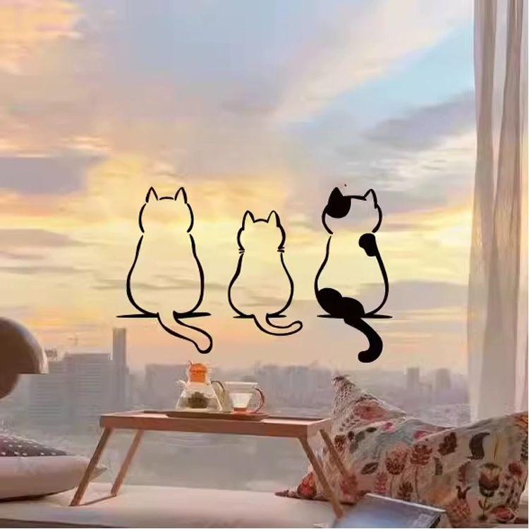 까페 고양이 데코 스티커 유리문 창문 시트지 인테리어 세 마리 고양이 블랙 작은 - 상품 이미지