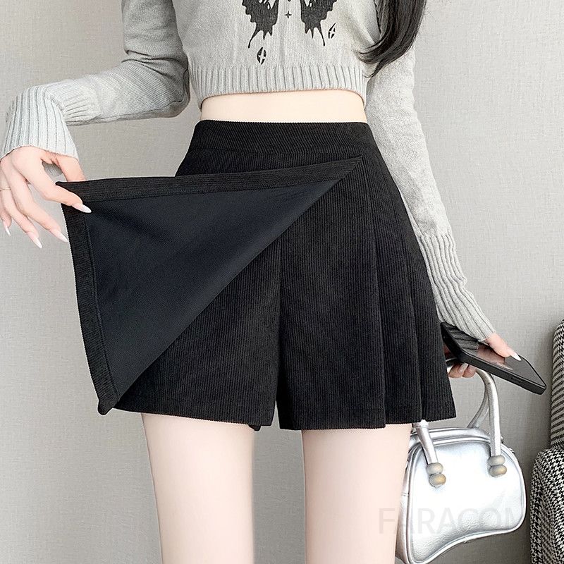 겨울 코듀로이 플리츠 미니 스커트 팬츠 여성용 따뜻한 기모 소재로 제작된 A라인 스타일 슬림한 핏으로 감각적인 겨울패션 연출 - 상세 이미지 3