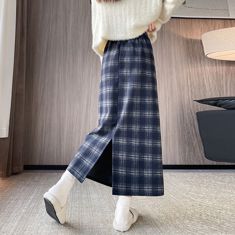 울 플레드 A라인 롱 스커트 여성용 따뜻한 겨울 패션 모직 소재 힙 커버 스타일리시 캐주얼룩 데일리 착용감 좋은 가을 겨울룩 - 상세 이미지 3