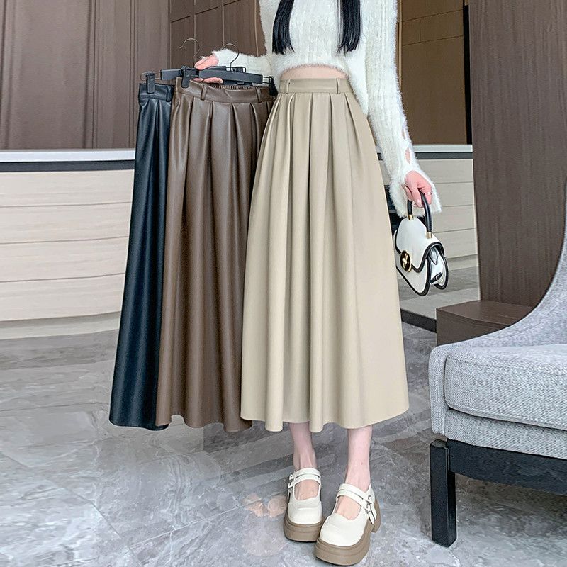 여성 미디 플리츠 스커트 가을용 슬림핏 PU 가죽 소재 A라인 주름 치마 데일리 스타일링 아이템 - 상세 이미지 4