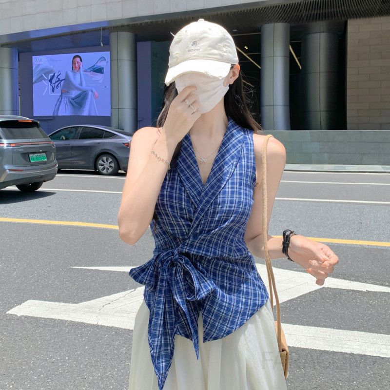 여름 여성 슬림핏 브이넥 나시 플레드 조끼 스타일리시한 민소매 이너웨어 시원한 착용감 데일리 탱크탑 - 상세 이미지 3