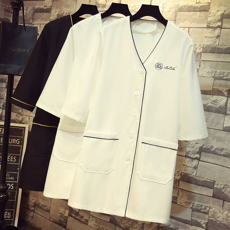 피부관리사가운 헤어디자이너 네일 브이넥 피부관리사 블랙 네이비 프릴 병원 마사지 블랙 골드 7부 소매 S - 상세 이미지 2