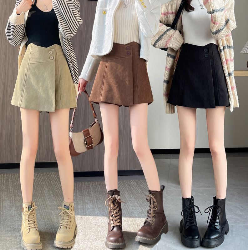 겨울 모직 슬림핏 치마바지 여성용 따뜻한 출퇴근용 A라인 팬츠 스타일리시한 데일리룩 코듀로이 소재의 편안한 착용감