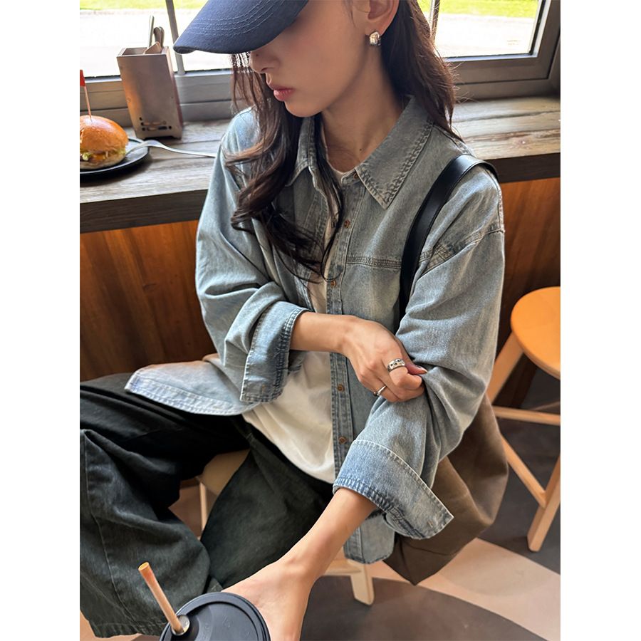 루즈한 캐주얼 데님 셔츠 긴팔 여성 오버핏 - 상세 이미지 4