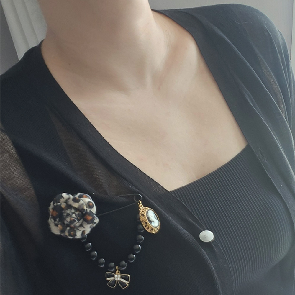레오파드 호피 플라워 블랙 구슬 까메오 옷핀 브로치 이미지 8