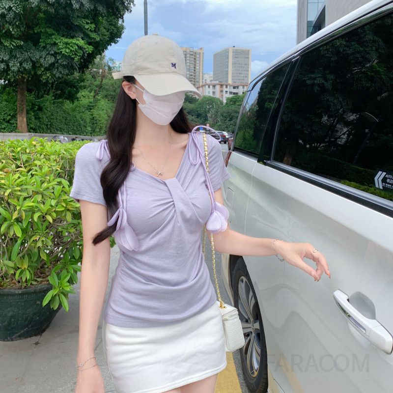 여성 여름 V넥 반팔 티셔츠 플리츠 허리 디자인 입체 꽃 패턴 스타일리시한 캐주얼 착용감 좋은 시원한 외출용 - 상세 이미지 5