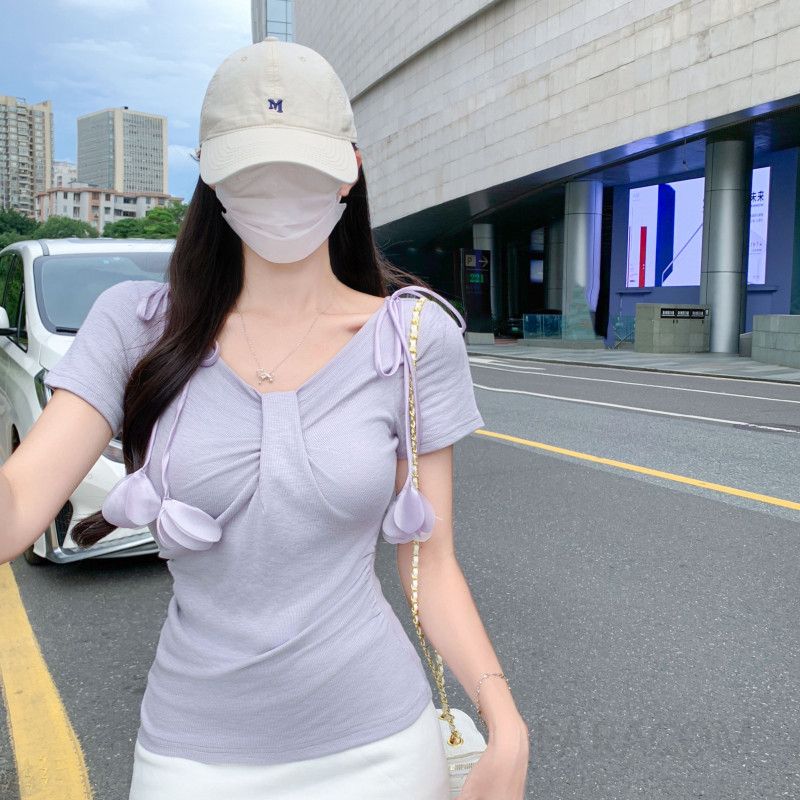 여성 플리츠 허리 브이넥 원숄더 반팔 티셔츠 여름 데일리룩으로 시원한 착용감과 편안함 제공 스타일리시한 외출용 - 상세 이미지 2