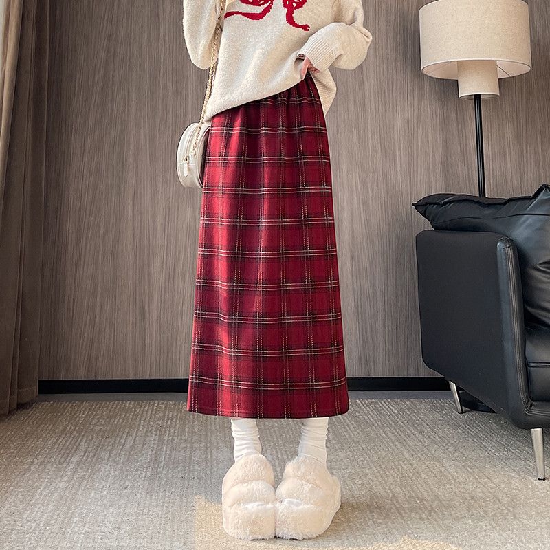 울 플레드 A라인 롱 스커트 여성용 따뜻한 겨울 패션 모직 소재 힙 커버 스타일리시 캐주얼룩 데일리 착용감 좋은 가을 겨울룩 - 상세 이미지 4