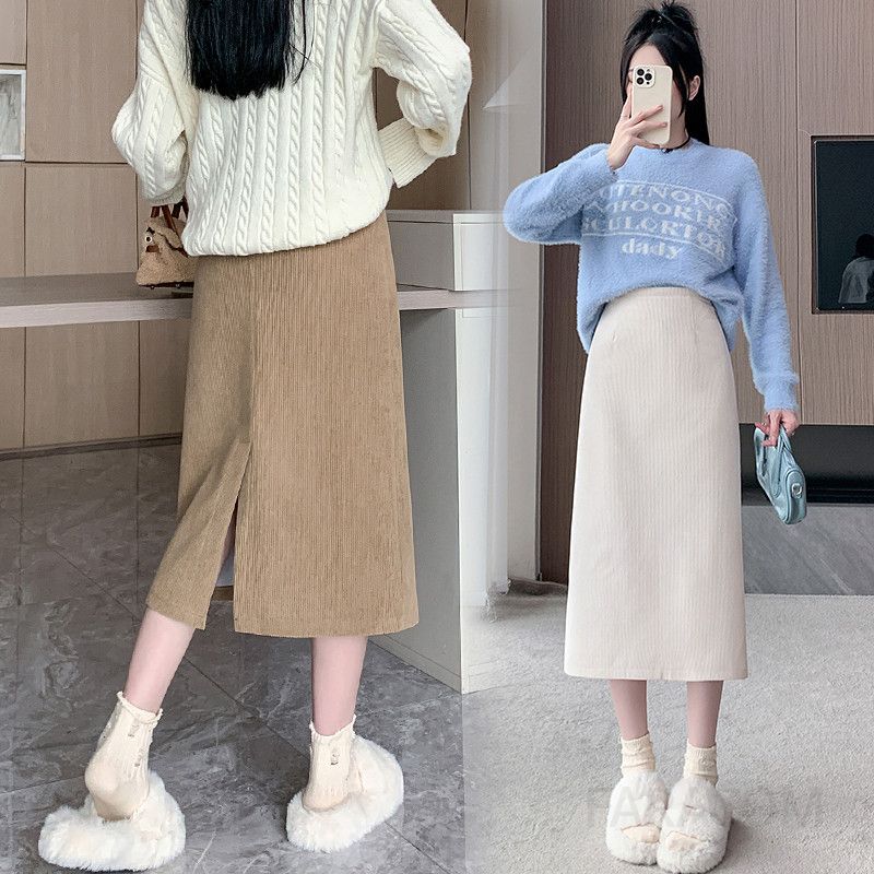 A라인 미디스커트 여성 가을 겨울용 얇은 코듀로이 소재 따뜻한 착용감 데일리 스타일 엉덩이 라인 강조하는 중간 길이 캐주얼한 외출용 - 상세 이미지 3