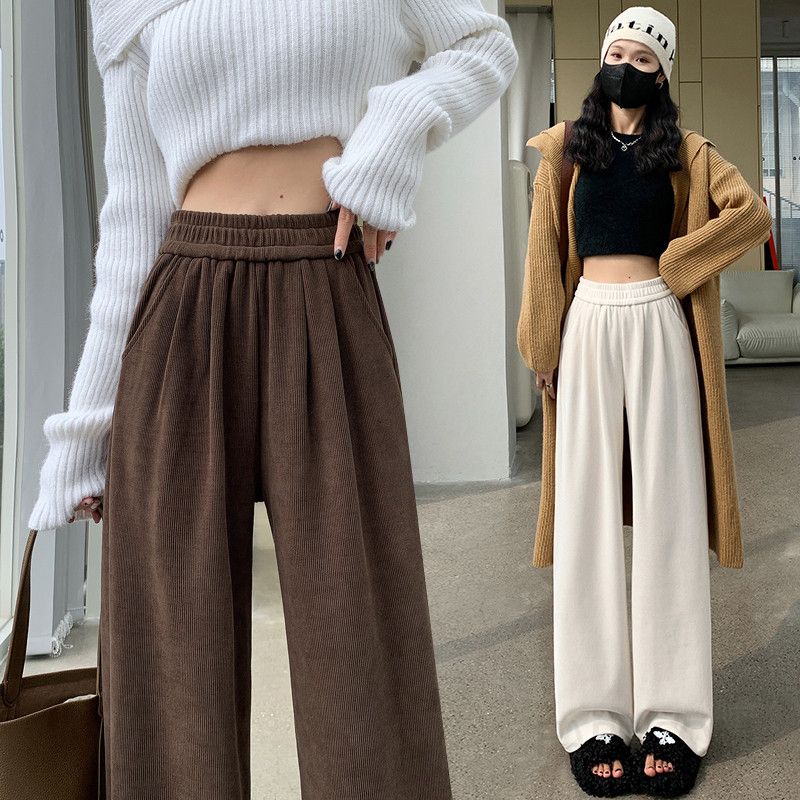 여성 겨울 코듀로이 밴딩 와이드 팬츠 캐주얼 스타일 부드러운 착용감 편안한 가을 겨울용 통바지 하이웨스트 디자인 데일리 활용도 높은 기모소재 - 상품 이미지