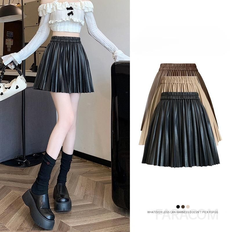 가을 여성 A라인 미니 스커트 PU 레더 플리츠 디자인 슬림핏 하프 렝스 스타일리시한 캐주얼 데일리룩 편안한 착용감 미니멀한 실루엣 - 상품 이미지