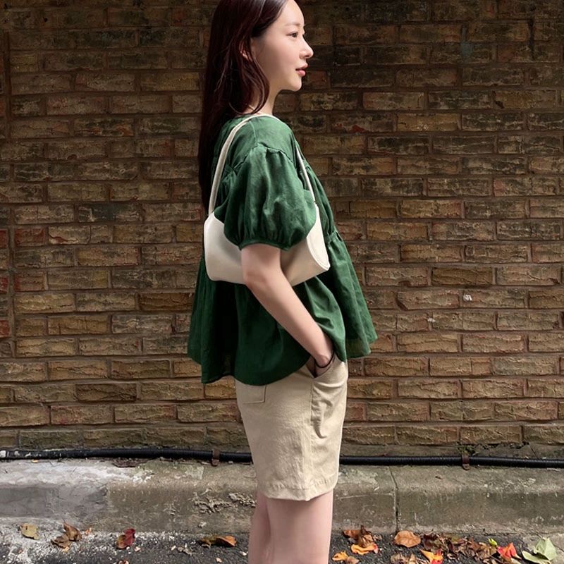빈티지 그린퍼프소매셔츠 라운드넥 주름디테일 블라우스 린넨 긴팔 빅사이즈 반팔 빈티지그린 S 다크그린 - 상세 이미지 2