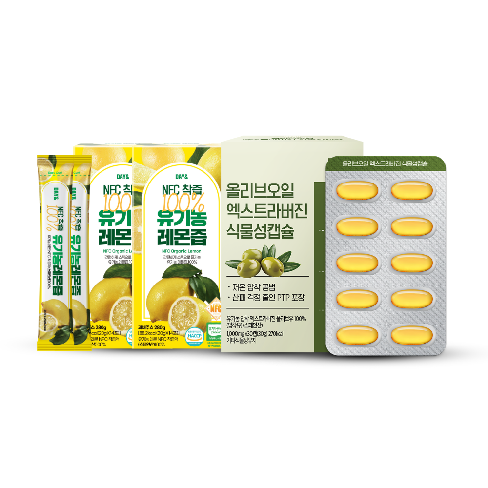 [유기농 올리브 원료100%] 데이앤 올레샷 올리브오일 캡슐+유기농 레몬 즙 샷 세트 590ml, 1개 - 상품 이미지