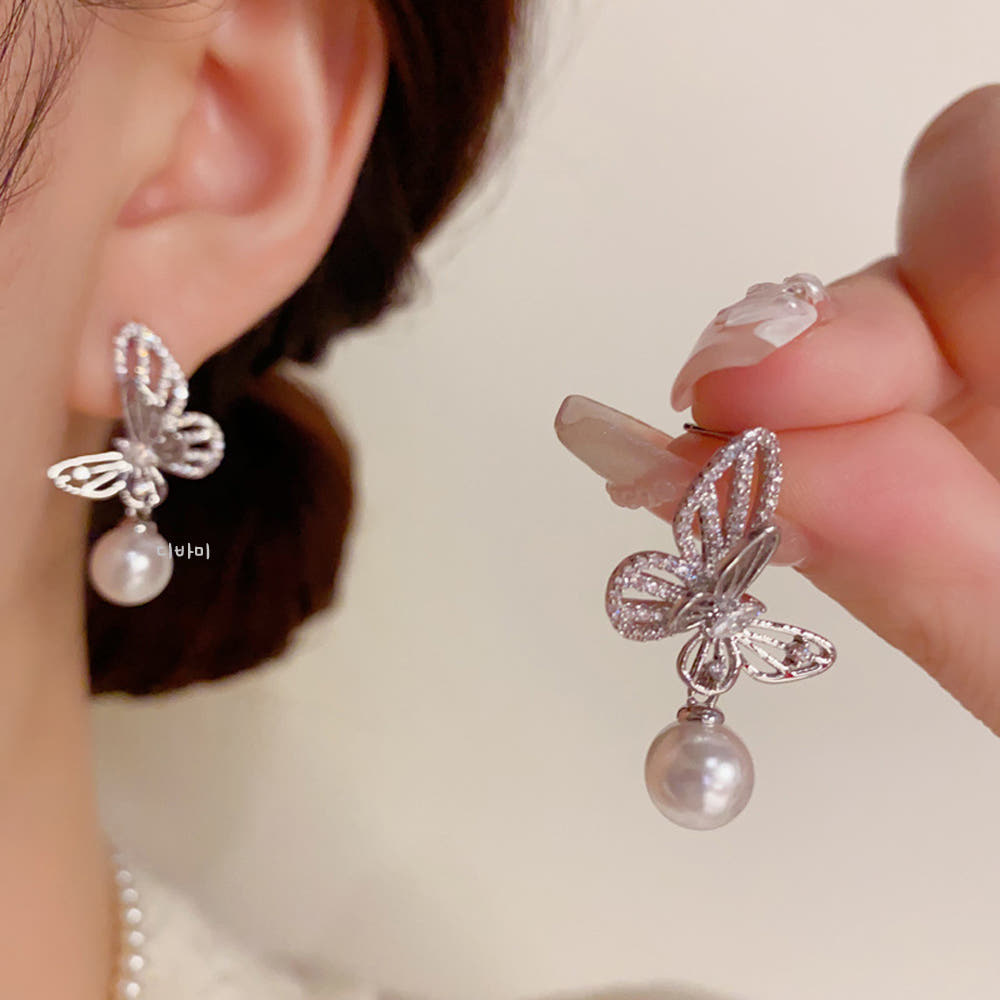 S925 큐빅 나비 진주 여신 귀걸이 14K 은침 페미닌 이어링 - 상세 이미지 3