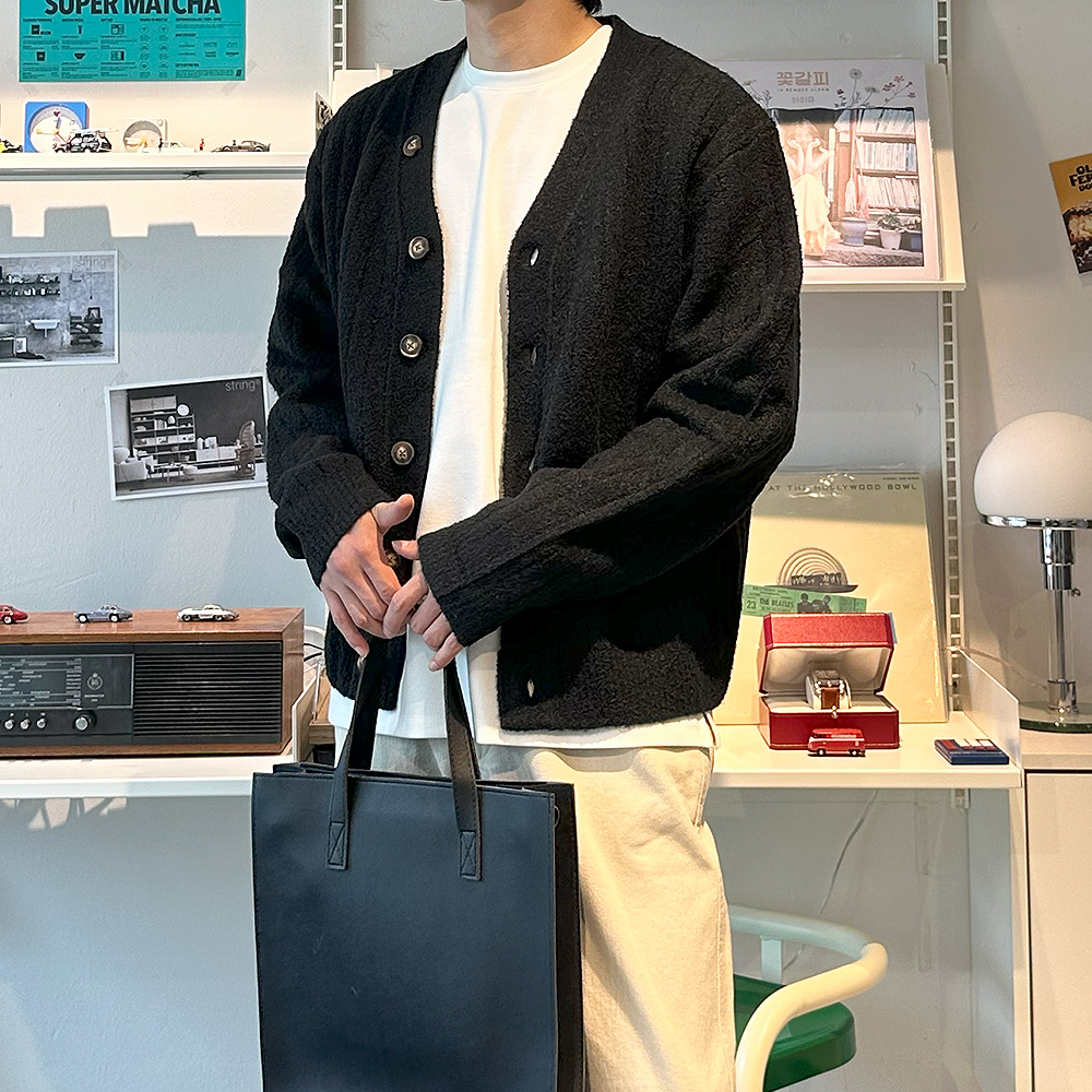 남자 가디건 두툼한 오버핏 꽈배기 부클 니트 울 가디건 - 상세 이미지 2