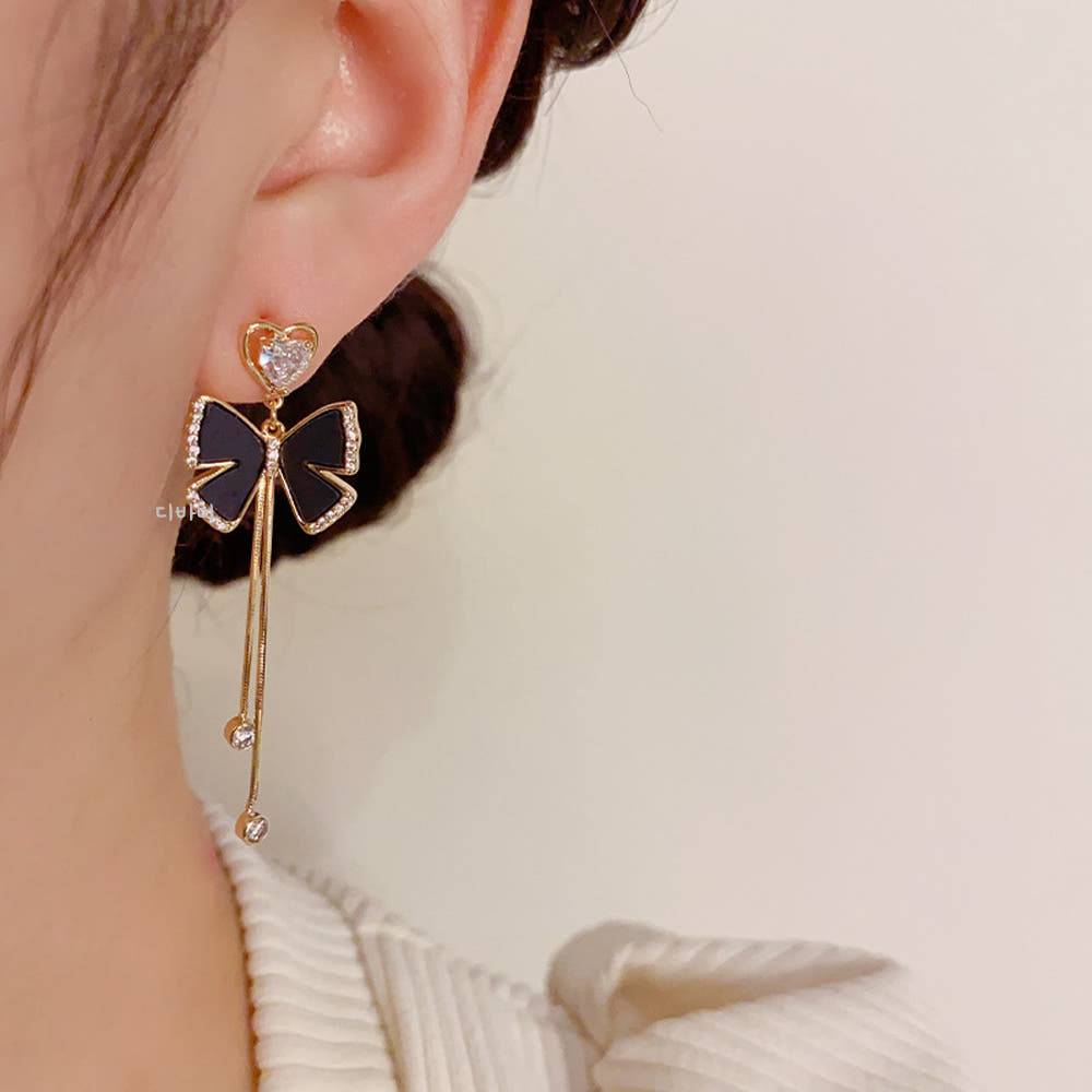 S925 하트 나비 이어링 14K 화이트 블랙 원석 긴귀걸이 - 상세 이미지 3