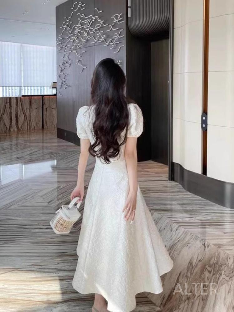 여름 여성 퍼프소매 블라우스 롱스커트 플레어 투피스 흰색 상의+스커트 S - 상세 이미지 3