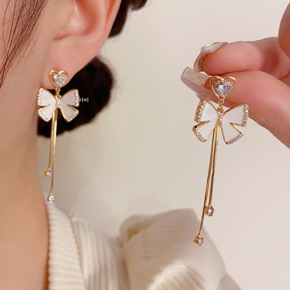 S925 하트 나비 이어링 14K 화이트 블랙 원석 긴귀걸이 - 상세 이미지 5