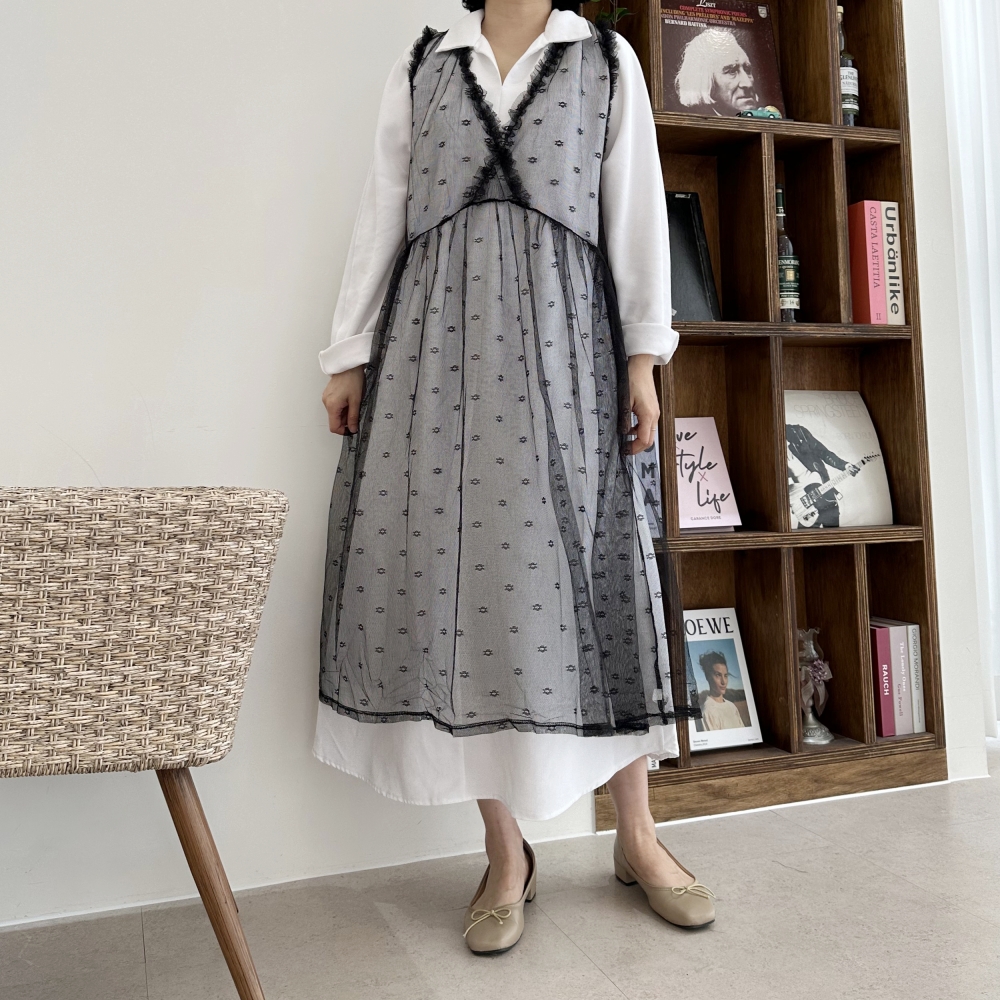 자체제작 빅사이즈 블랙 레이스 시스루 캉캉프릴 플라워 도트 패턴 레이어드 뷔스티에 원피스