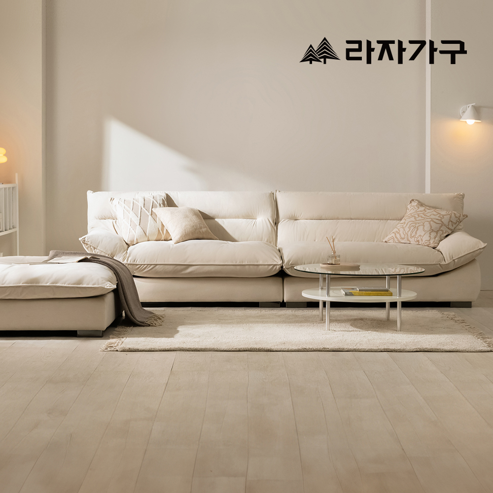 라자가구 플러피 워셔블 캐시미론 패브릭 소파 넓은 푹신한 거실 쇼파 스툴미포함, 아이보리, 4인용