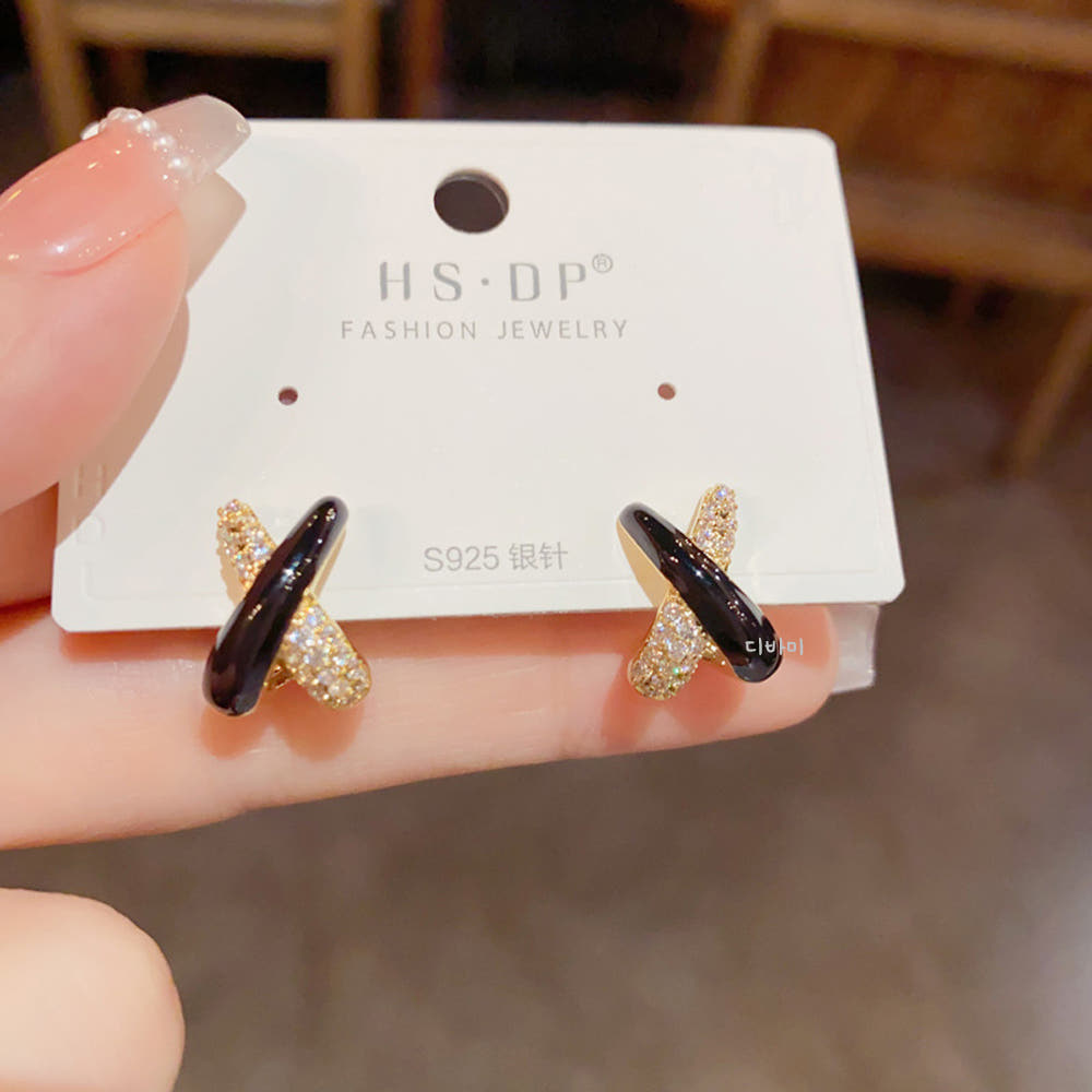 S925 엑스 크로스 큐빅 원석 귀걸이 14K 고급스러운 스터드이어링 - 상세 이미지 4