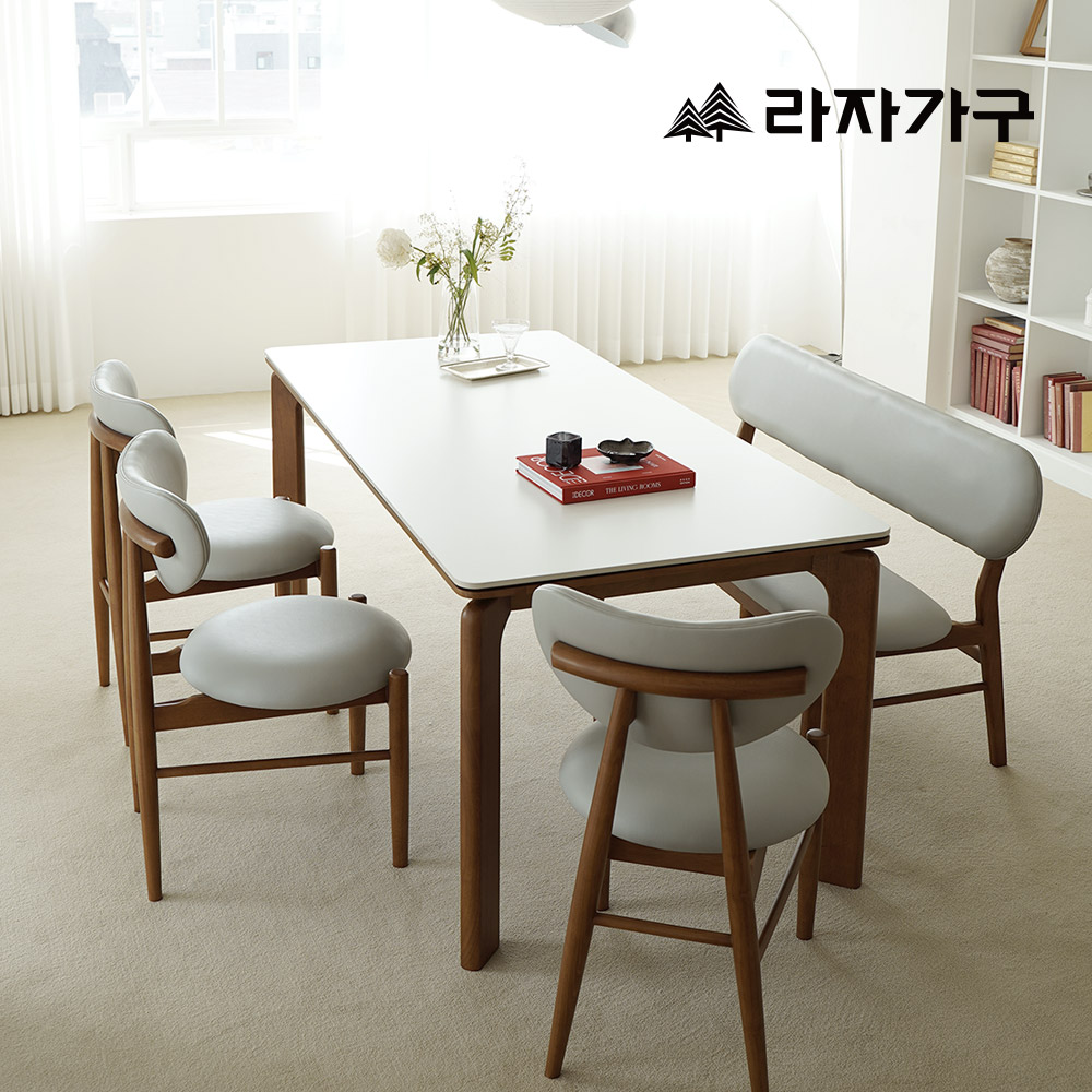 라자가구 폴 SE0 포세린 세라믹 원목 테이블 2인 4인 6인 식탁세트 식탁+의자3+벤치1, 1800mm, 올화이트세라믹+내추럴프레임 - 상품 이미지