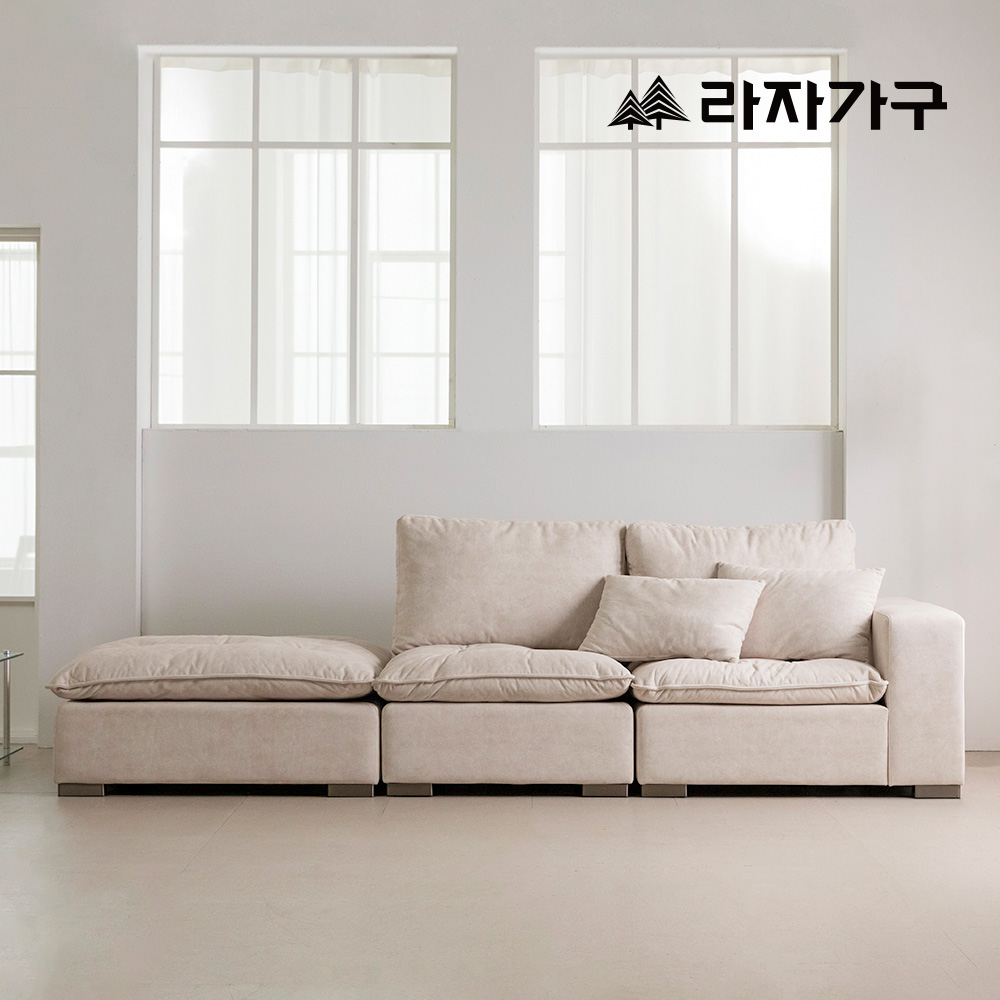 라자가구 엘루아 구스 조야 패브릭 기능성 푹신한 예쁜 거실 쿠션 소파 스툴미포함, 아이보리, 4인카우치(우형)