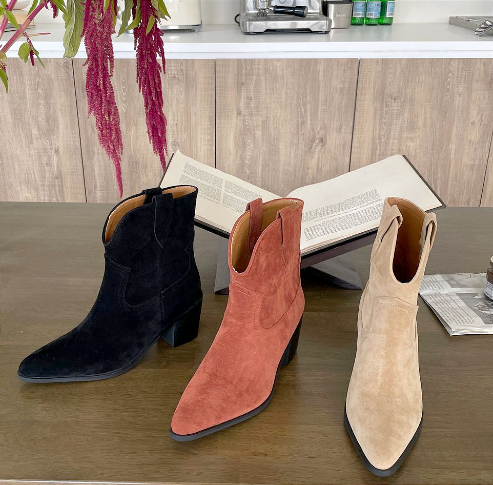 가을겨울 여성 앵클부츠 웨스턴 스타일 스웨이드 데일리 힐부츠 미들힐 6.5cm