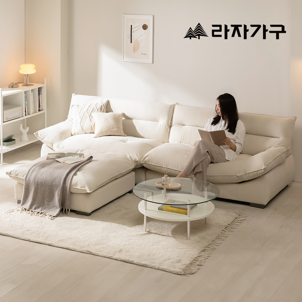라자가구 플러피 워셔블 캐시미론 패브릭 소파 넓은 푹신한 거실 쇼파 스툴포함, 아이보리, 4인용