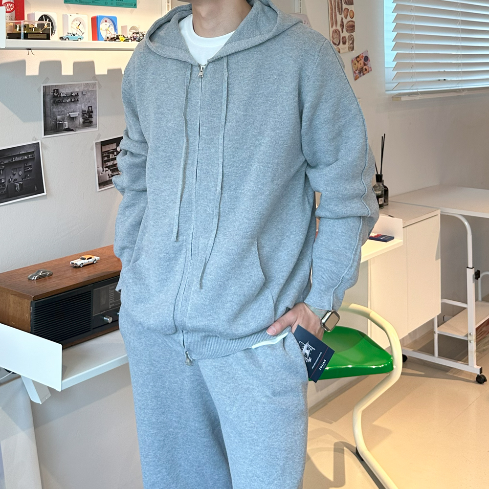 남자 니트 오버핏 투 웨이 니트 후드 집업 남자 스웨터 - 상세 이미지 2