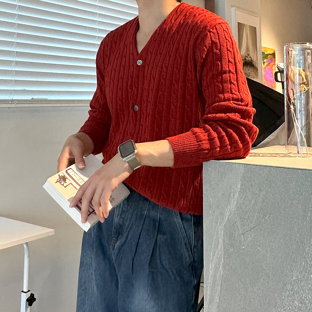 남자가디건 꽈배기 케이블 캐시미어 레드 빨간 니트 커플 가디건