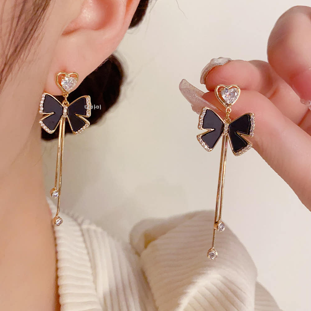 S925 하트 나비 이어링 14K 화이트 블랙 원석 긴귀걸이 이미지 7