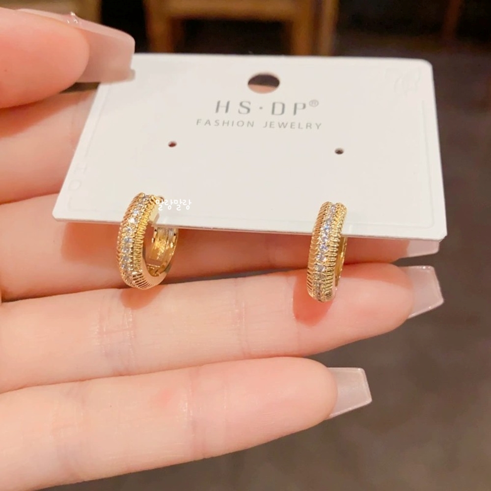클래식 큐빅 원터치 14K 골드 링귀걸이 S925 실버링 - 상세 이미지 4