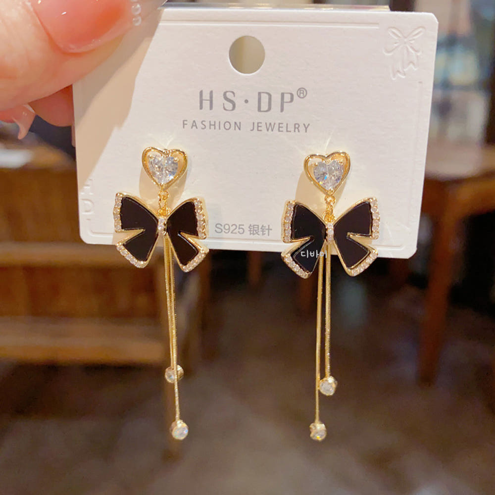 S925 하트 나비 이어링 14K 화이트 블랙 원석 긴귀걸이 이미지 6