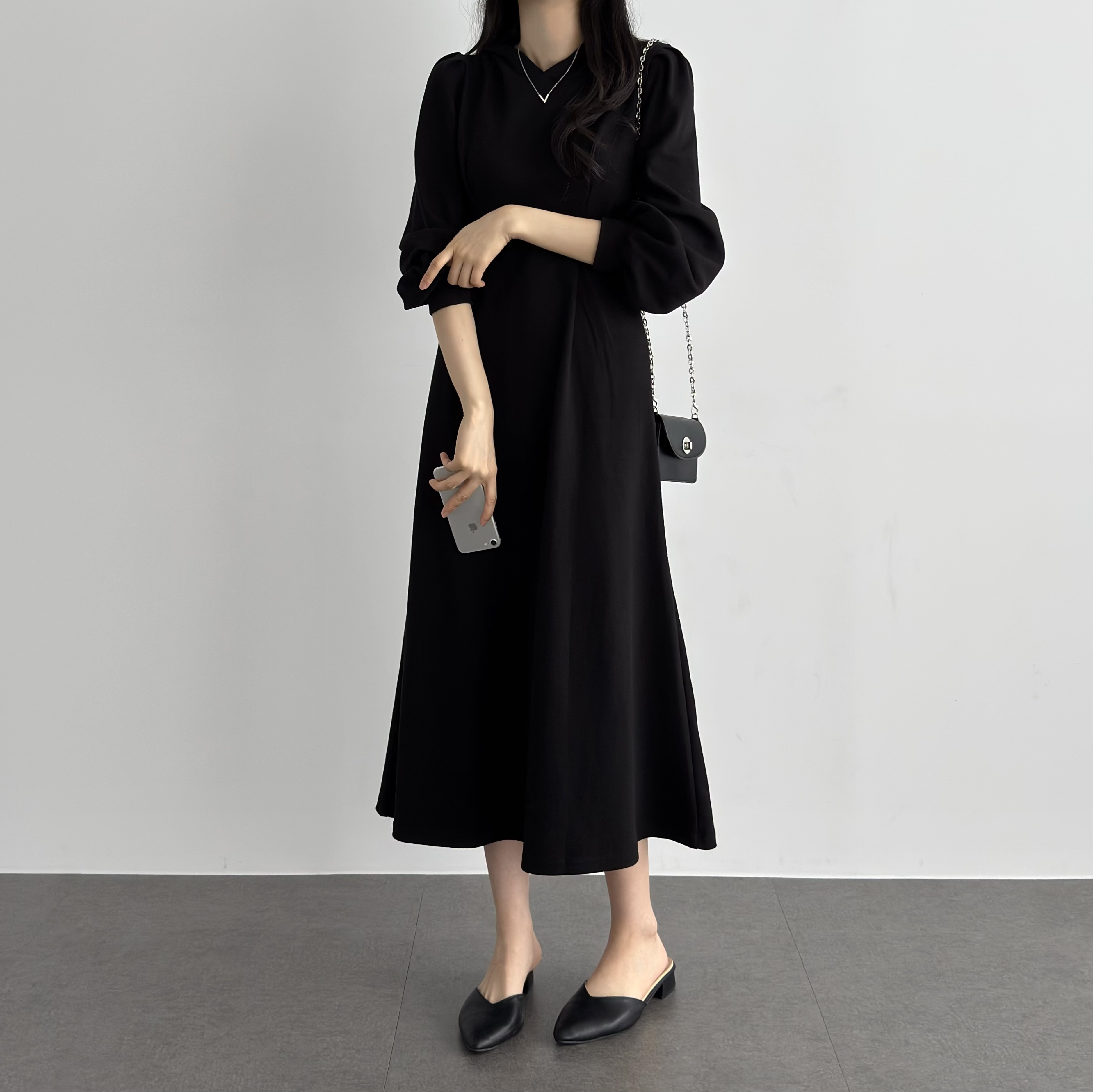 가을 후드원피스 빅사이즈 롱 허리밴딩 핀턱 H라인 캐주얼 부드러운 원피스 - 상세 이미지 5