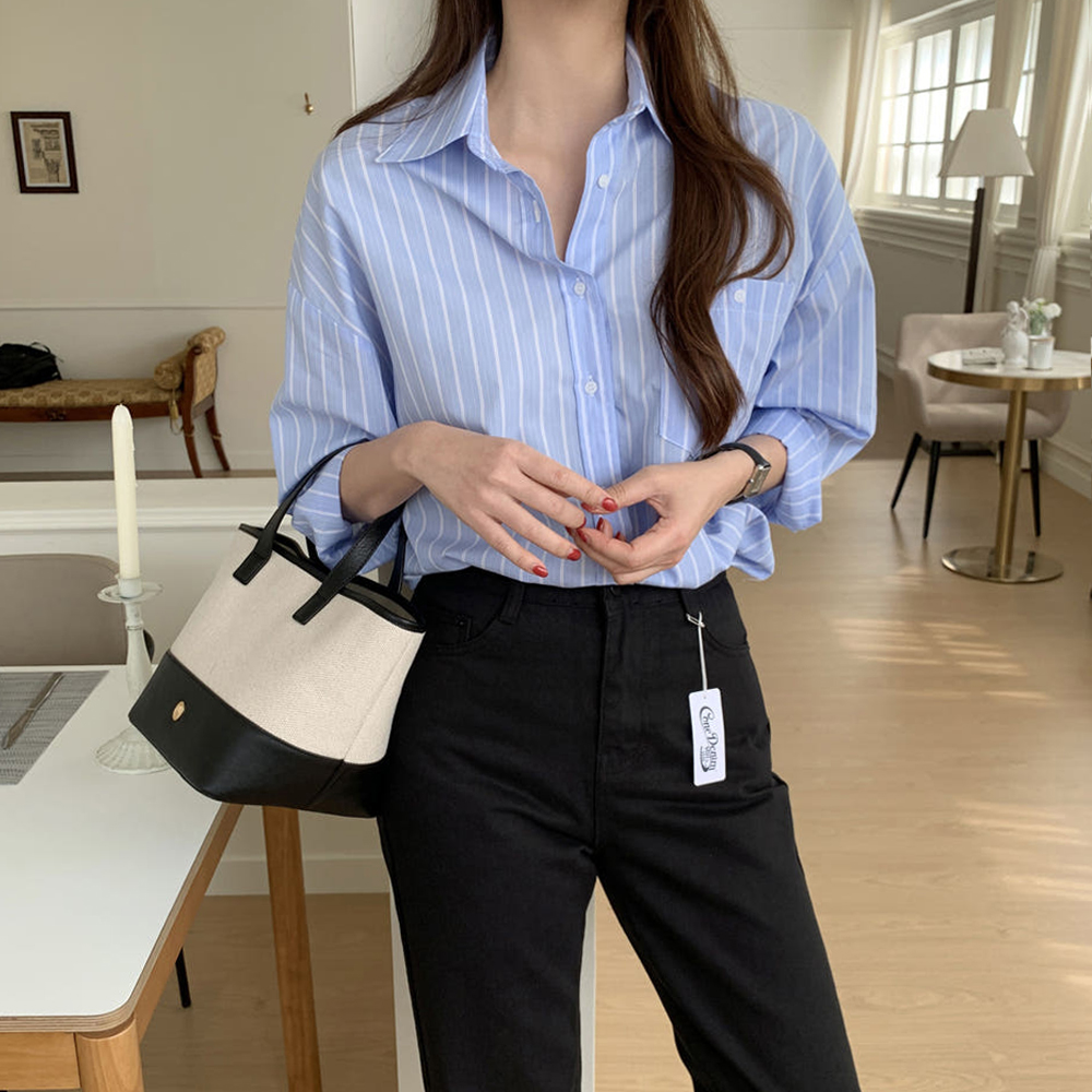 소프트 촉감 포켓 여성 스트라이프셔츠 블라우스 가을 여자 셔츠 면 핑크 블루 소라색 하늘색