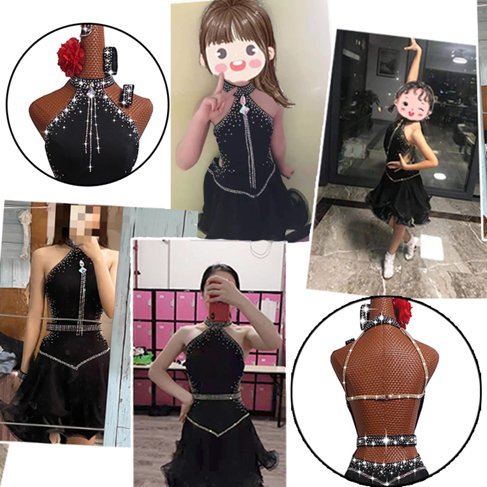 라틴 댄스복 블랙 춤 대회복 라인 여름 여성 모던 댄스스포츠 공연복 밸리 치마 방송 - 상세 이미지 3