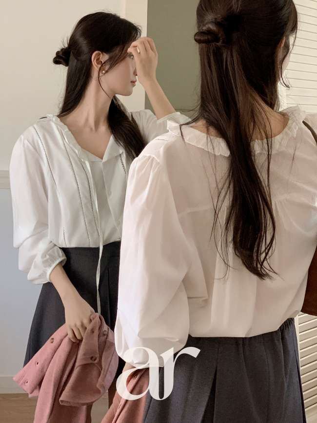 리본 스트랩 프릴 레이스 긴팔 블라우스 bs8458 - 상세 이미지 5