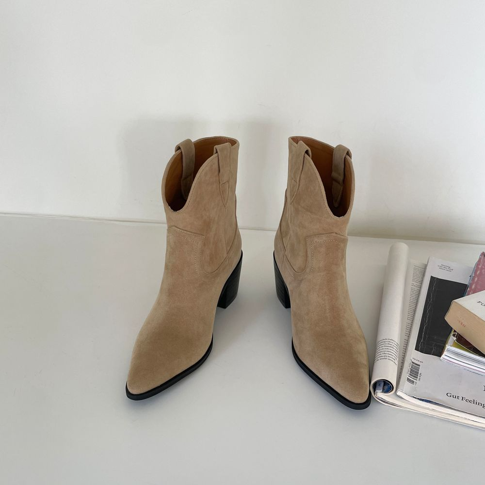 가을겨울 여성 앵클부츠 웨스턴 스타일 스웨이드 데일리 힐부츠 미들힐 6.5cm - 상세 이미지 4