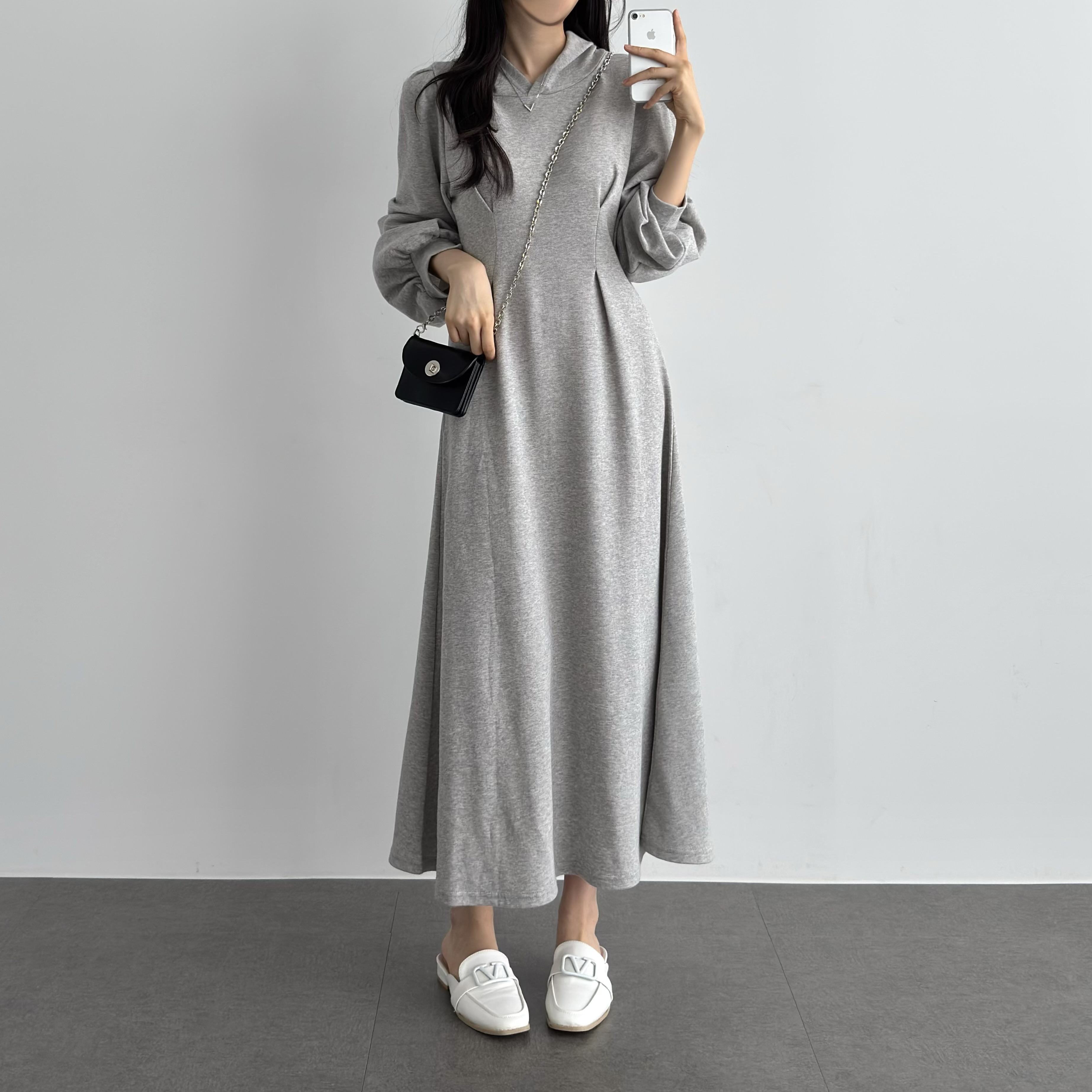 가을 후드원피스 빅사이즈 롱 허리밴딩 핀턱 H라인 캐주얼 부드러운 원피스 이미지 6