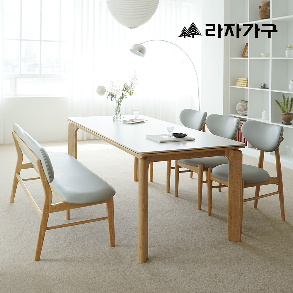 라자가구 폴 SE0 포세린 세라믹 원목 테이블 2인 4인 6인 식탁세트 식탁+의자3+벤치1, 1800mm, 올화이트세라믹+내추럴프레임 - 상세 이미지 2
