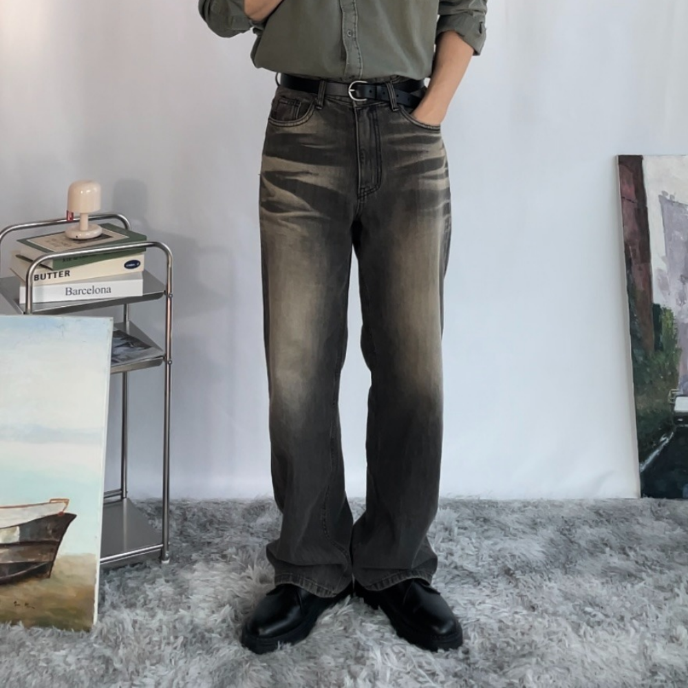 남자그레이진 남자워싱청바지 와이드데님팬츠 더블캣 샌드 워싱 - 상세 이미지 4