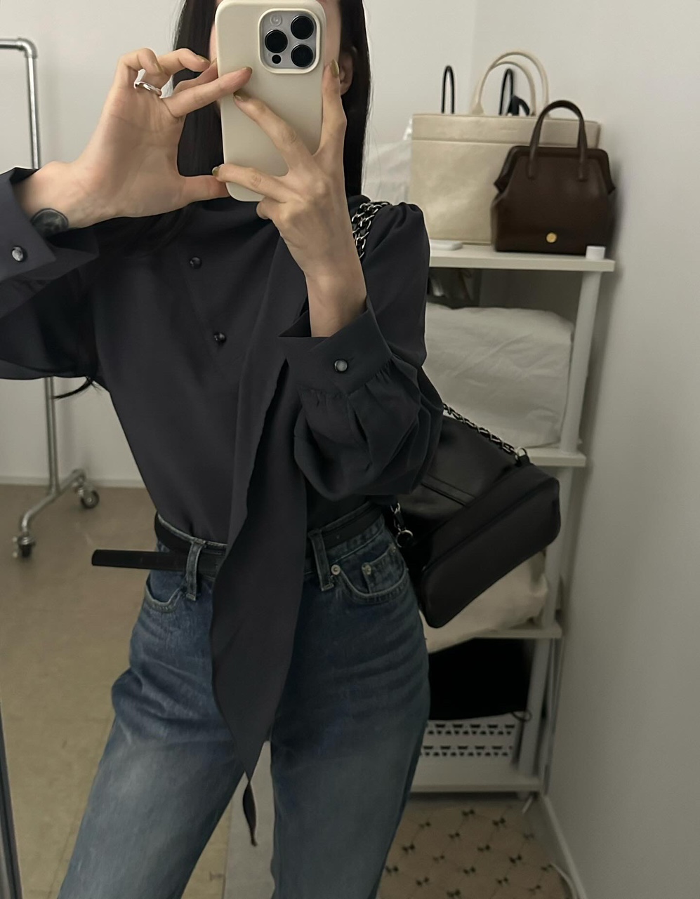 치비 가을 긴팔 레이어드 이너 타이 셔링 퍼프 스카프 루즈핏 오버핏 블라우스 - 상품 이미지