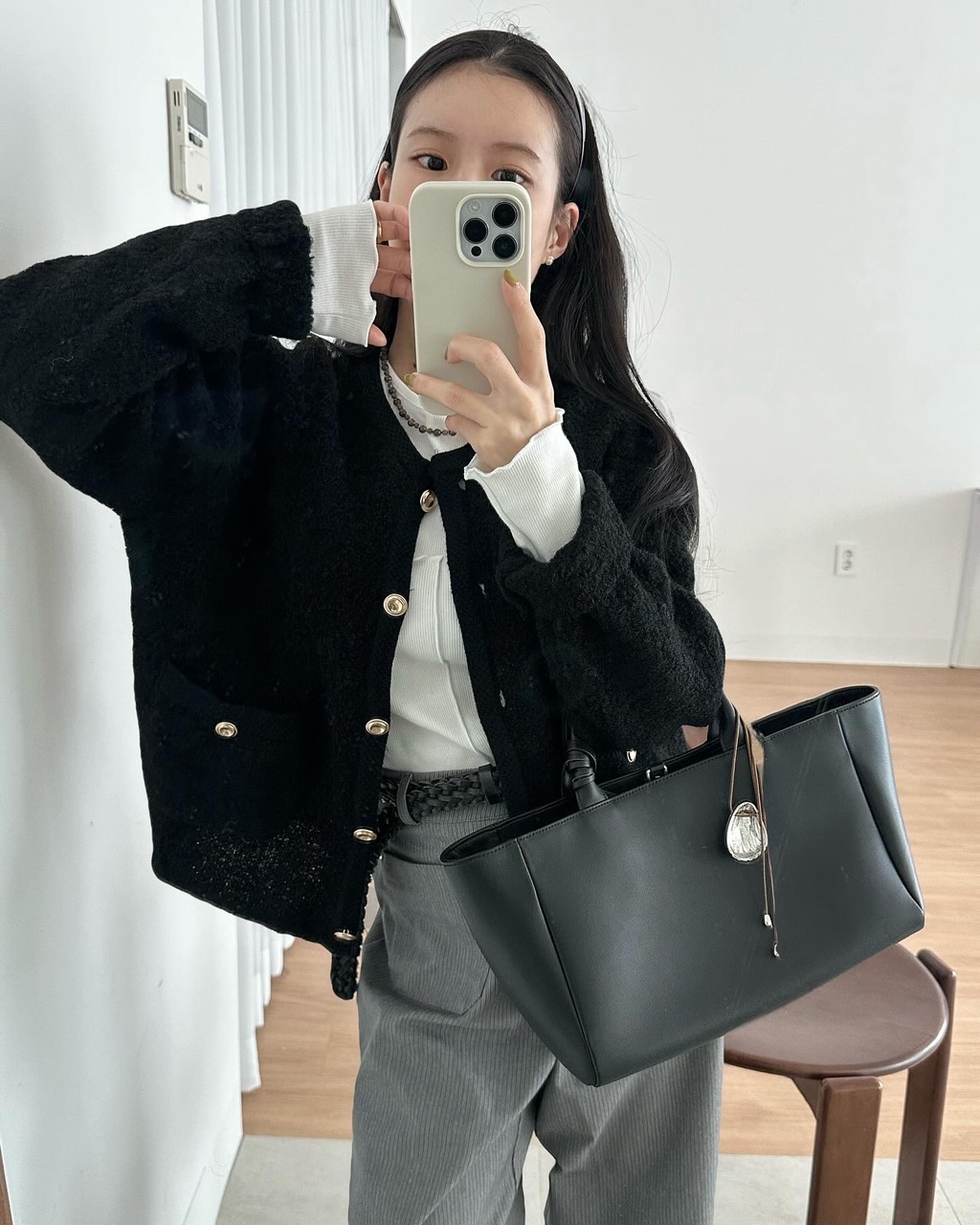 다로 여성 가을 라운드 레이어드 부클 루즈핏 오버핏 가디건 - 상세 이미지 2